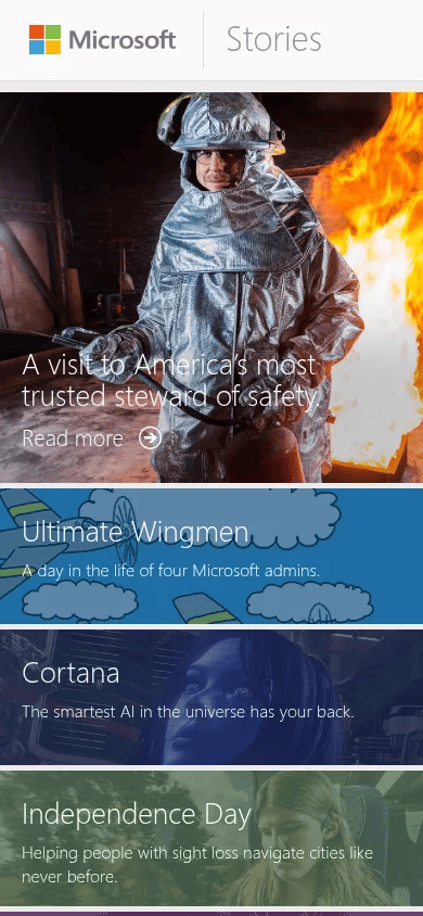 Microsoft News Center mobile view of news.microsoft.com/stories, June 2015