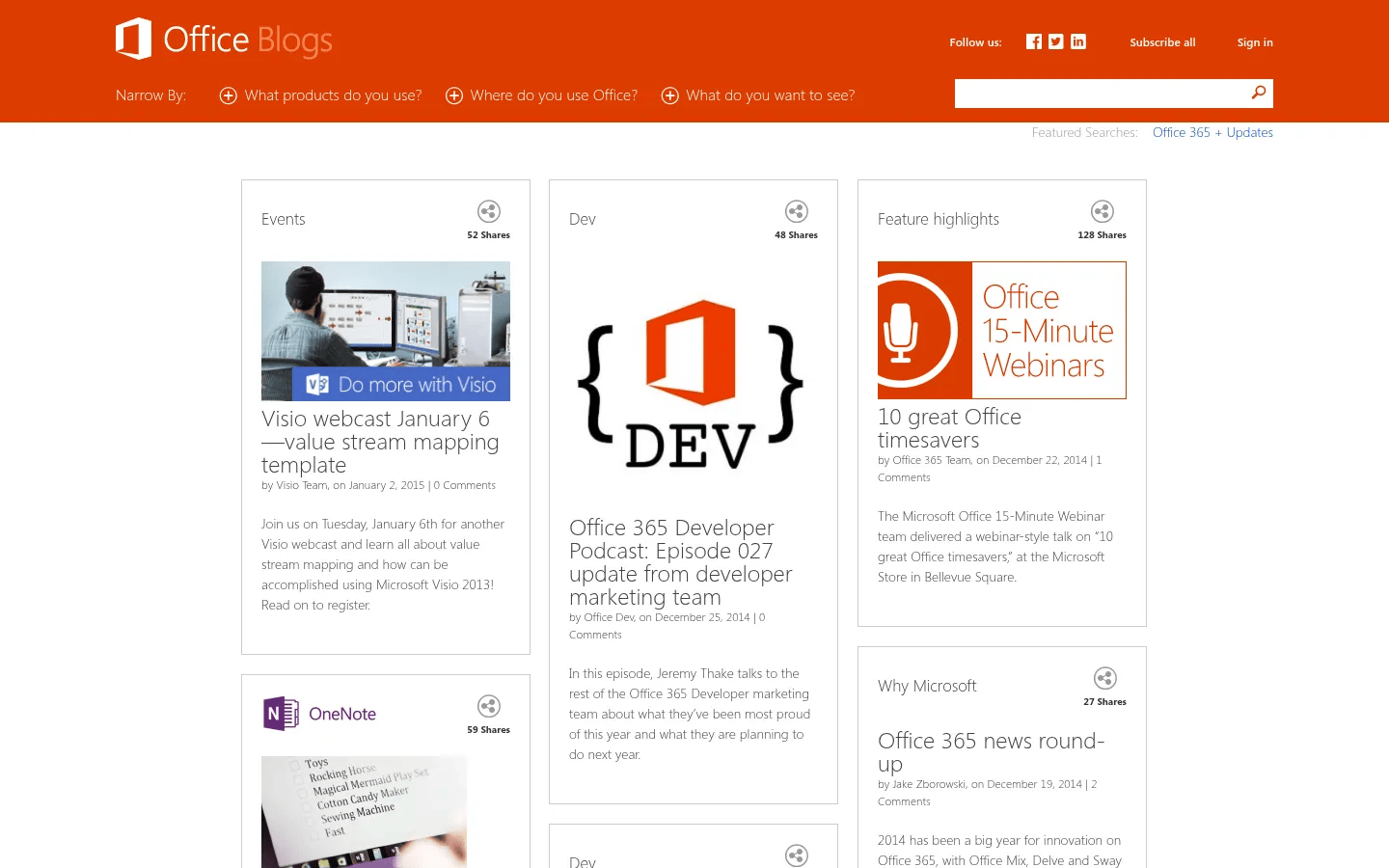 Microsoft Office Blogs WordPress blog network desktop view of blogs.office.com, January 2015