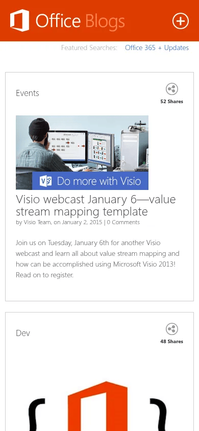 Microsoft Office Blogs mobile view of blogs.office.com, January 2015