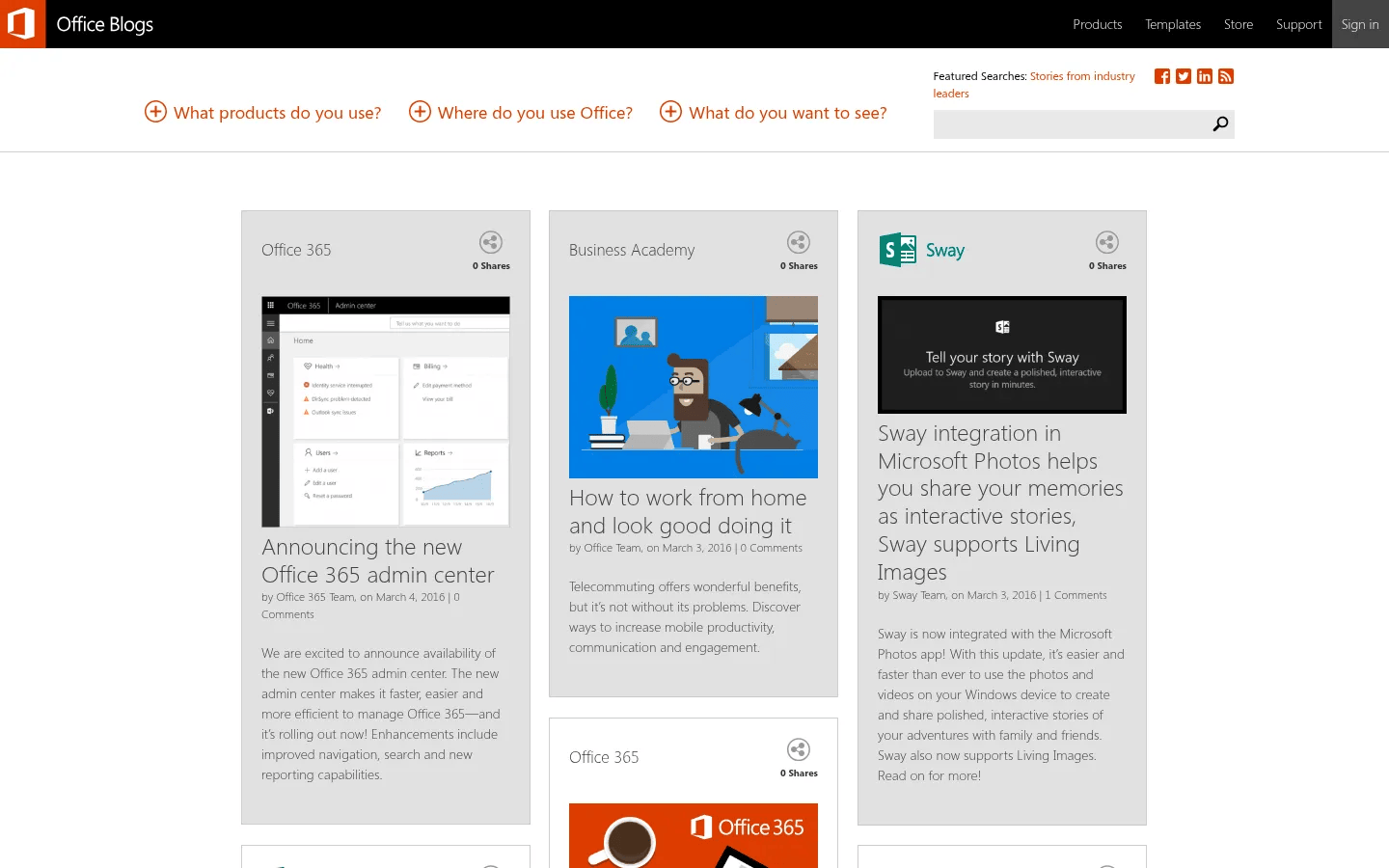 Microsoft Office Blogs WordPress blog network desktop view of blogs.office.com, March 2016