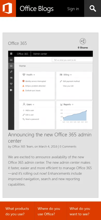 Microsoft Office Blogs mobile view of blogs.office.com, March 2016