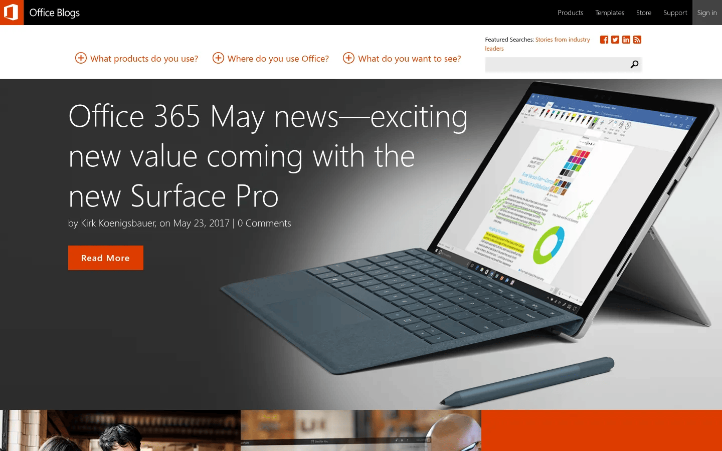 Microsoft Office Blogs WordPress blog network desktop view of blogs.office.com, June 2017