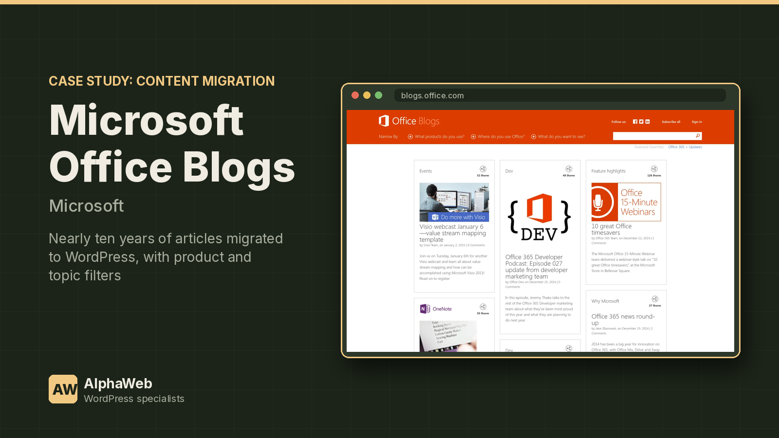 Microsoft Office Blogs case study card for Microsoft, showing the blogs.office.com website from 2015 in a browser frame