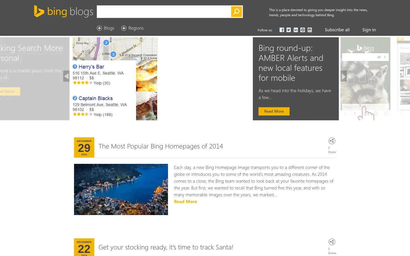 Microsoft on WordPress desktop view of blogs.bing.com, January 2015