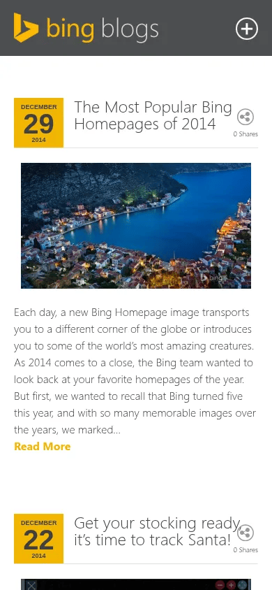 Microsoft on WordPress mobile view of blogs.bing.com, January 2015