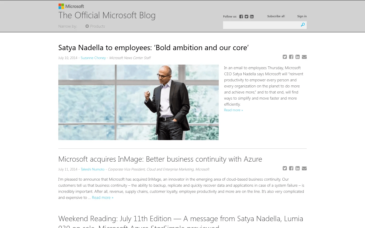 Microsoft WordPress blog network desktop view of blogs.microsoft.com, July 2014