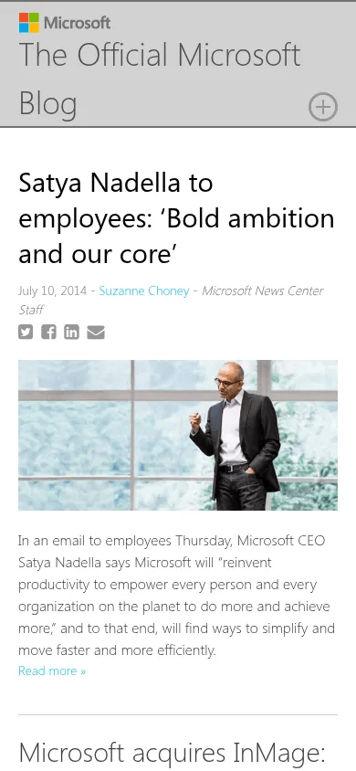 Microsoft on WordPress mobile view of blogs.microsoft.com, July 2014