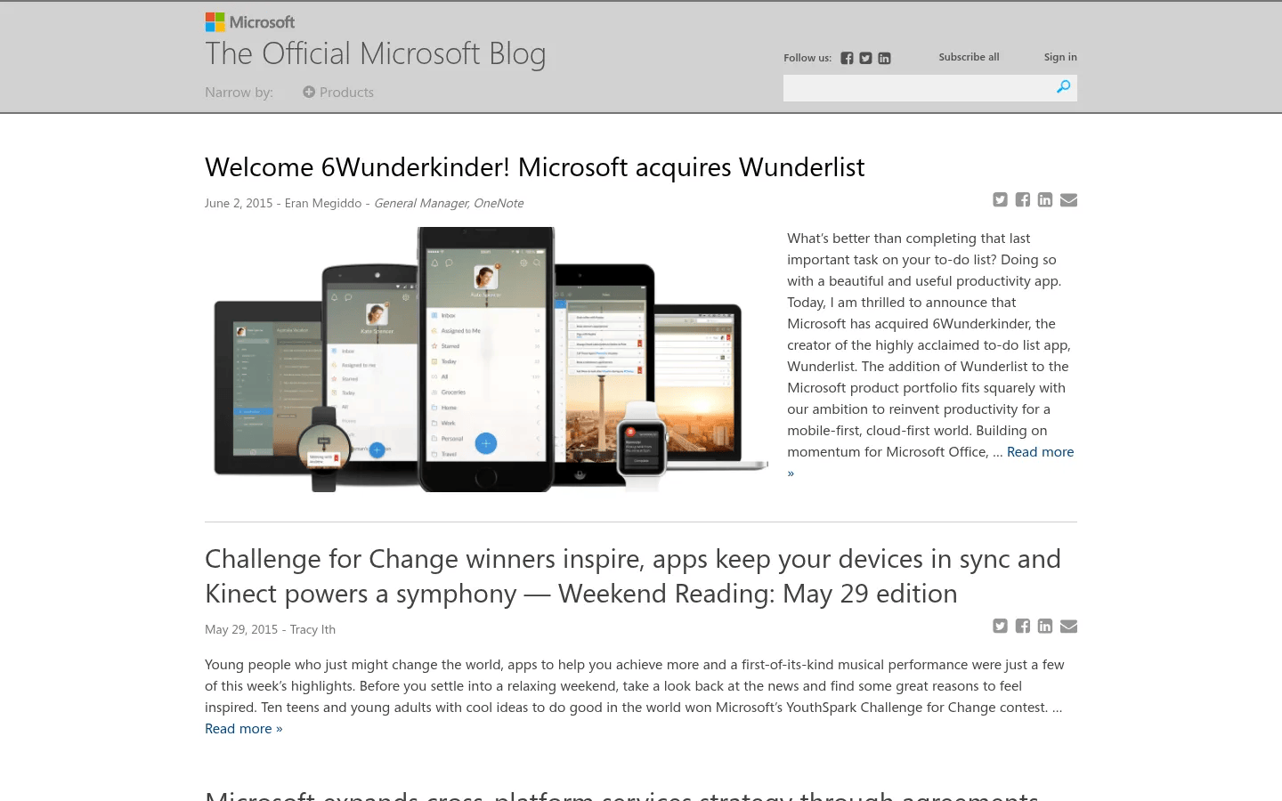 Microsoft WordPress blog network desktop view of blogs.microsoft.com, June 2015