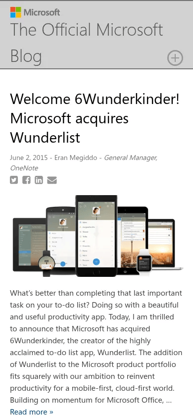 Microsoft on WordPress mobile view of blogs.microsoft.com, June 2015