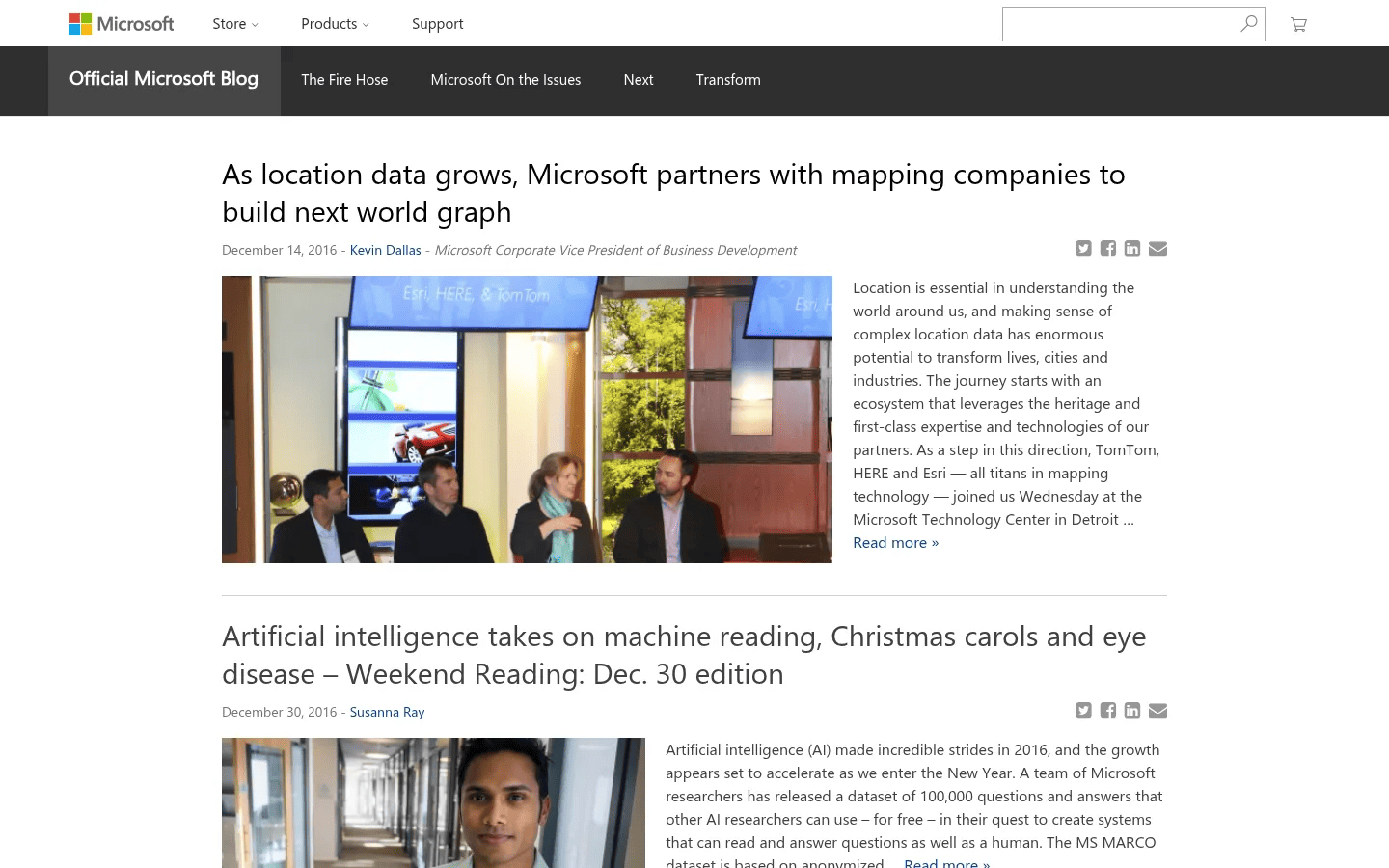 Microsoft WordPress blog network desktop view of blogs.microsoft.com, January 2017