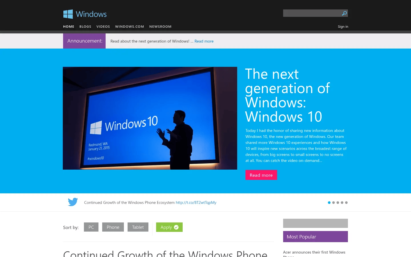Microsoft on WordPress desktop view of blogs.windows.com, March 2015