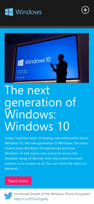 Microsoft on WordPress mobile view of blogs.windows.com, March 2015