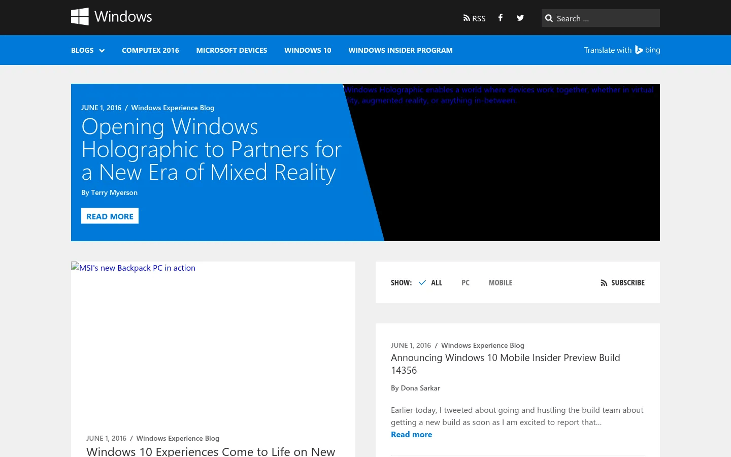 Microsoft on WordPress desktop view of blogs.windows.com, June 2016