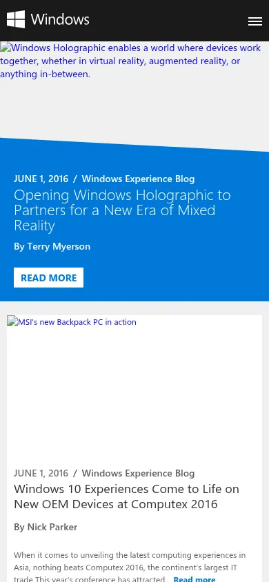 Microsoft on WordPress mobile view of blogs.windows.com, June 2016