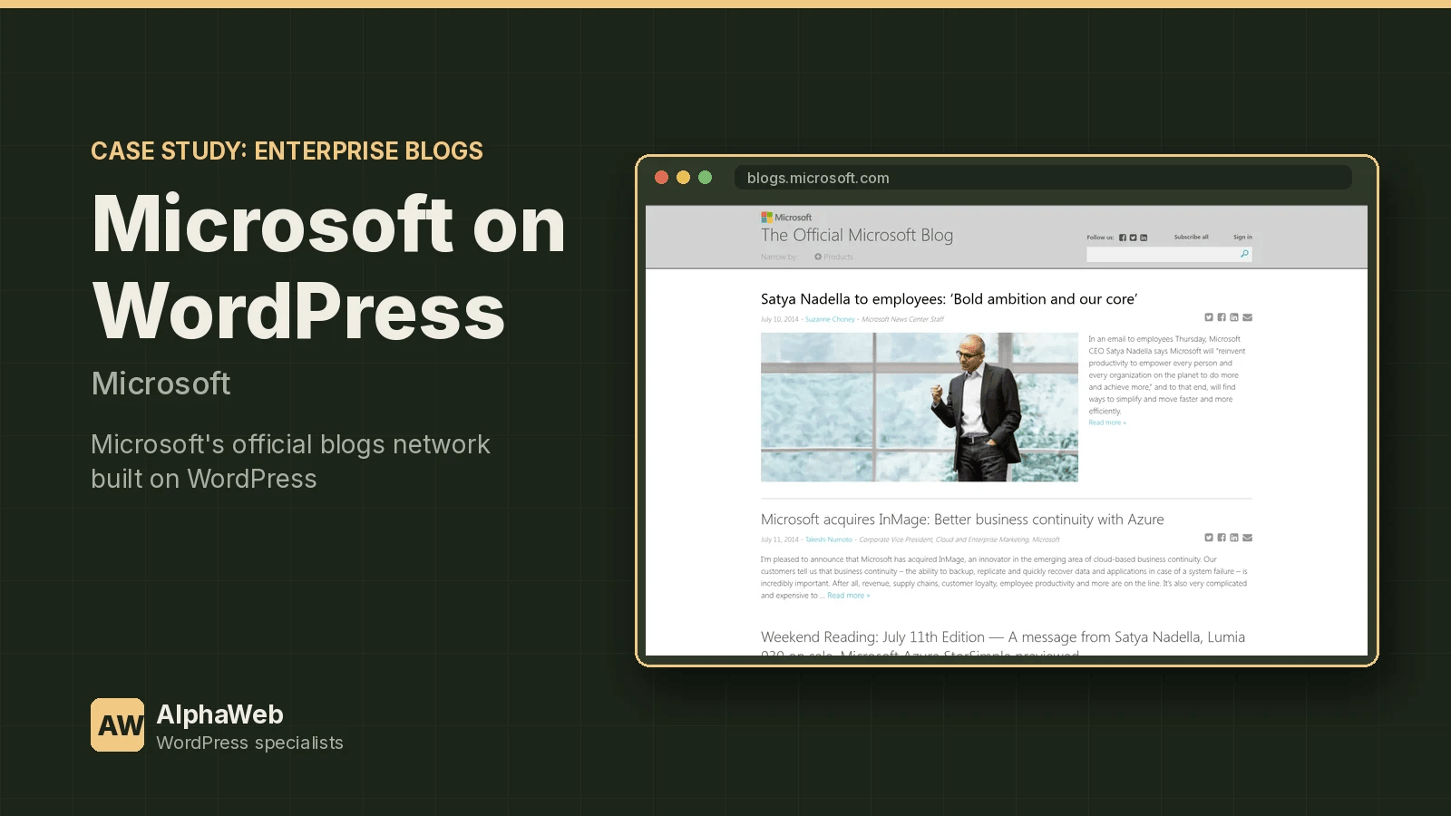 Microsoft on WordPress case study card for Microsoft, showing the blogs.microsoft.com website from 2014 in a browser frame