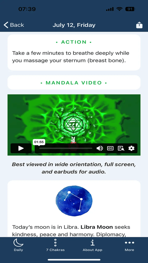 Moon Chakras app: A simple Action and a Mandala video round out the daily practice