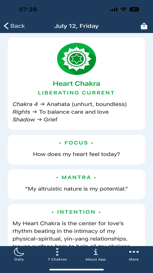 The Chakra card shows which chakra the moon influences today, with a Focus and Mantra