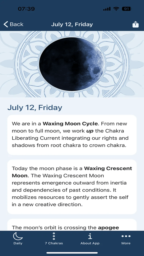 Each day opens with the moon phase and what its energy means