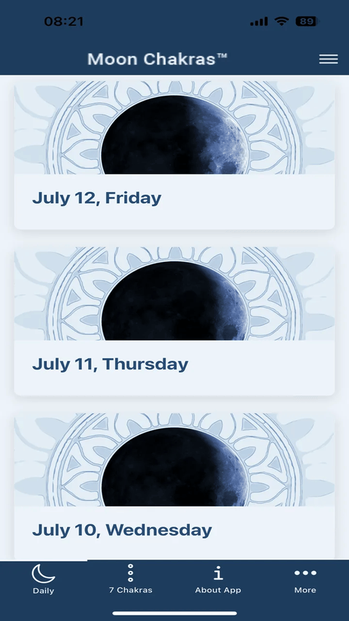 Seven days at a glance, with today’s moon at the top