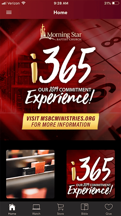 MSBC app home screen with the i365 Experience