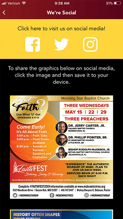 MSBC app We're Social page with event graphics