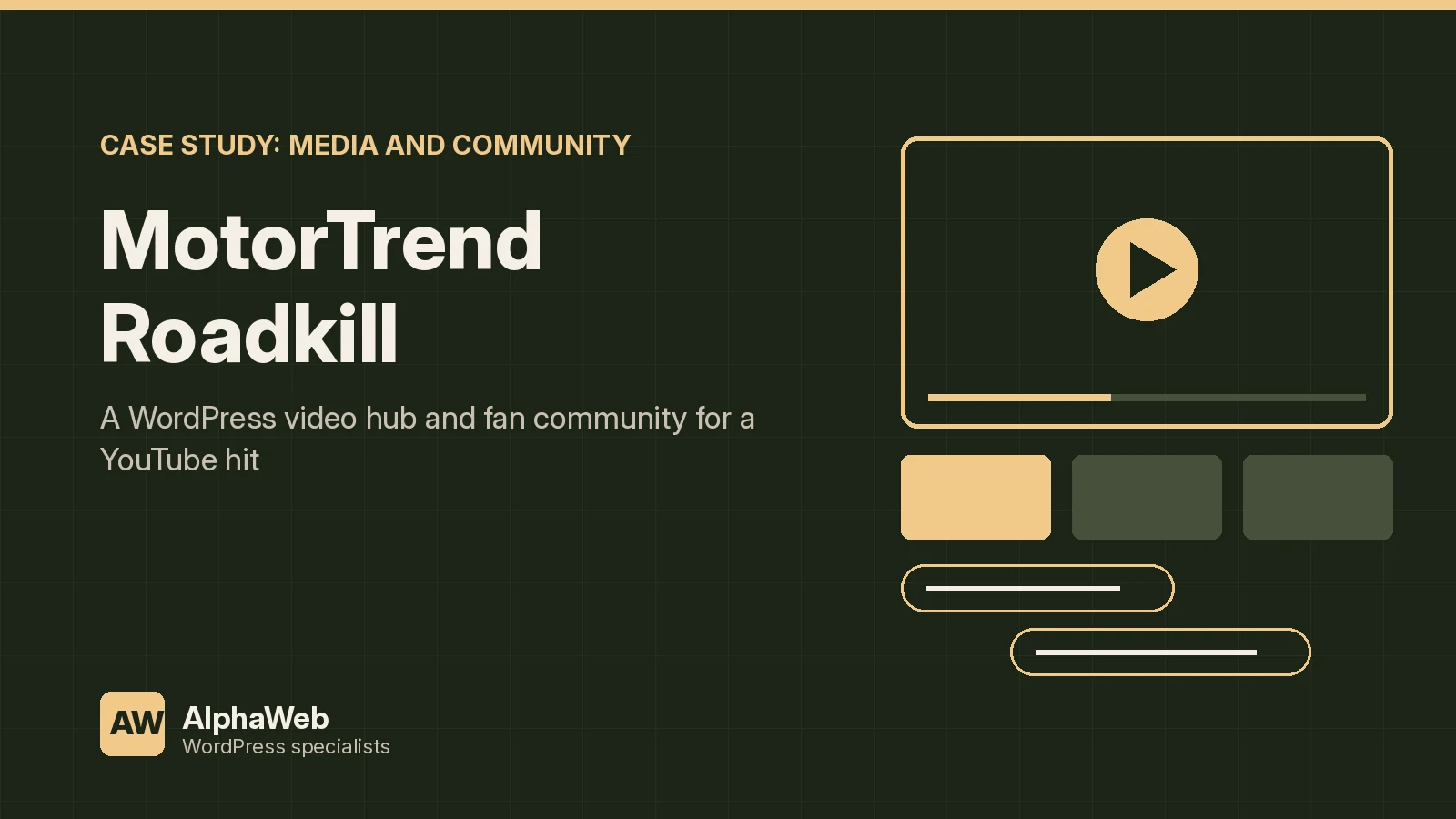 Illustrated AlphaWeb case study card for MotorTrend Roadkill: a WordPress video hub and fan community