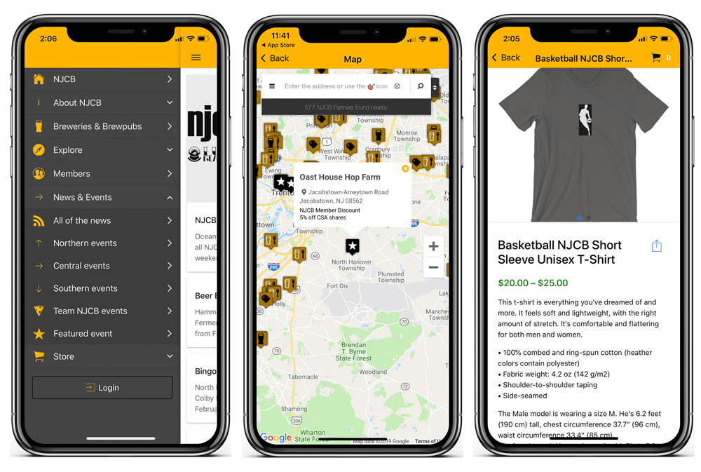 Three screens of the New Jersey Craft Beer app