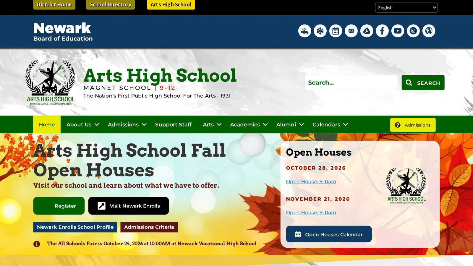 Arts High School homepage in green and gold with a Fall Open Houses hero