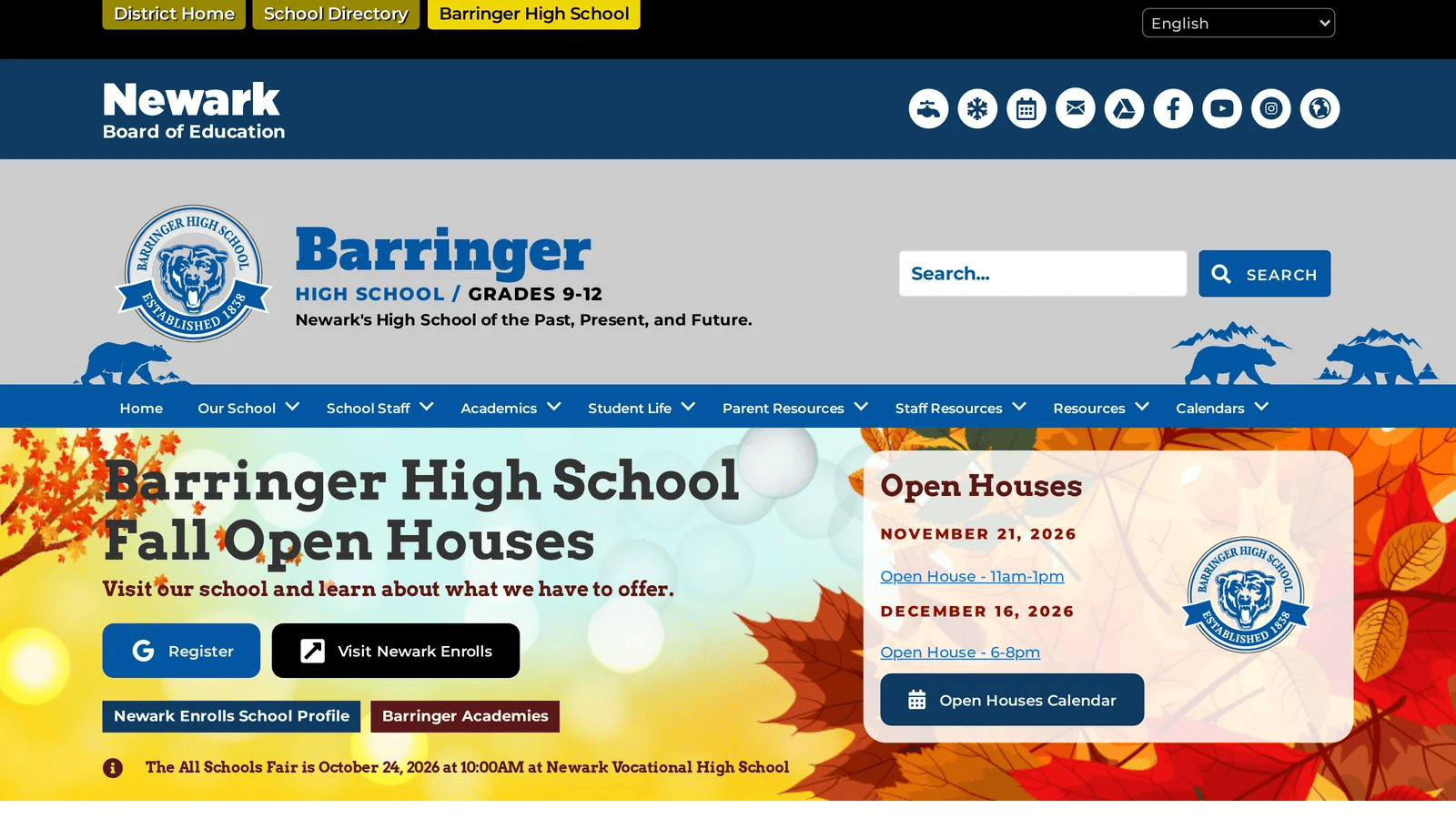 Barringer High School homepage in blue with a Fall Open Houses hero and accreditation news