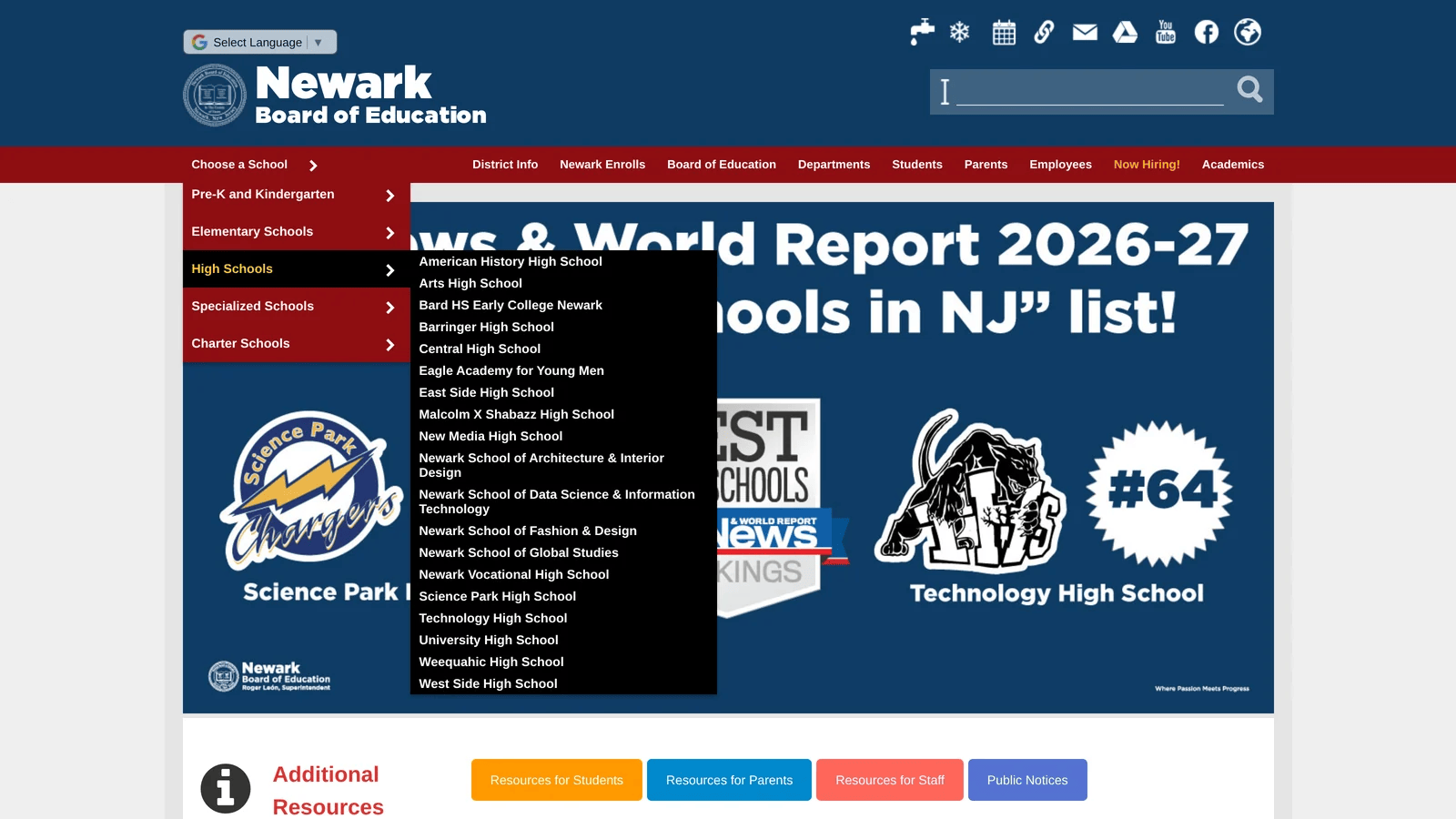 Newark Board of Education Choose a School menu open with Pre-K and Kindergarten, Elementary, High, Specialized and Charter Schools groups
