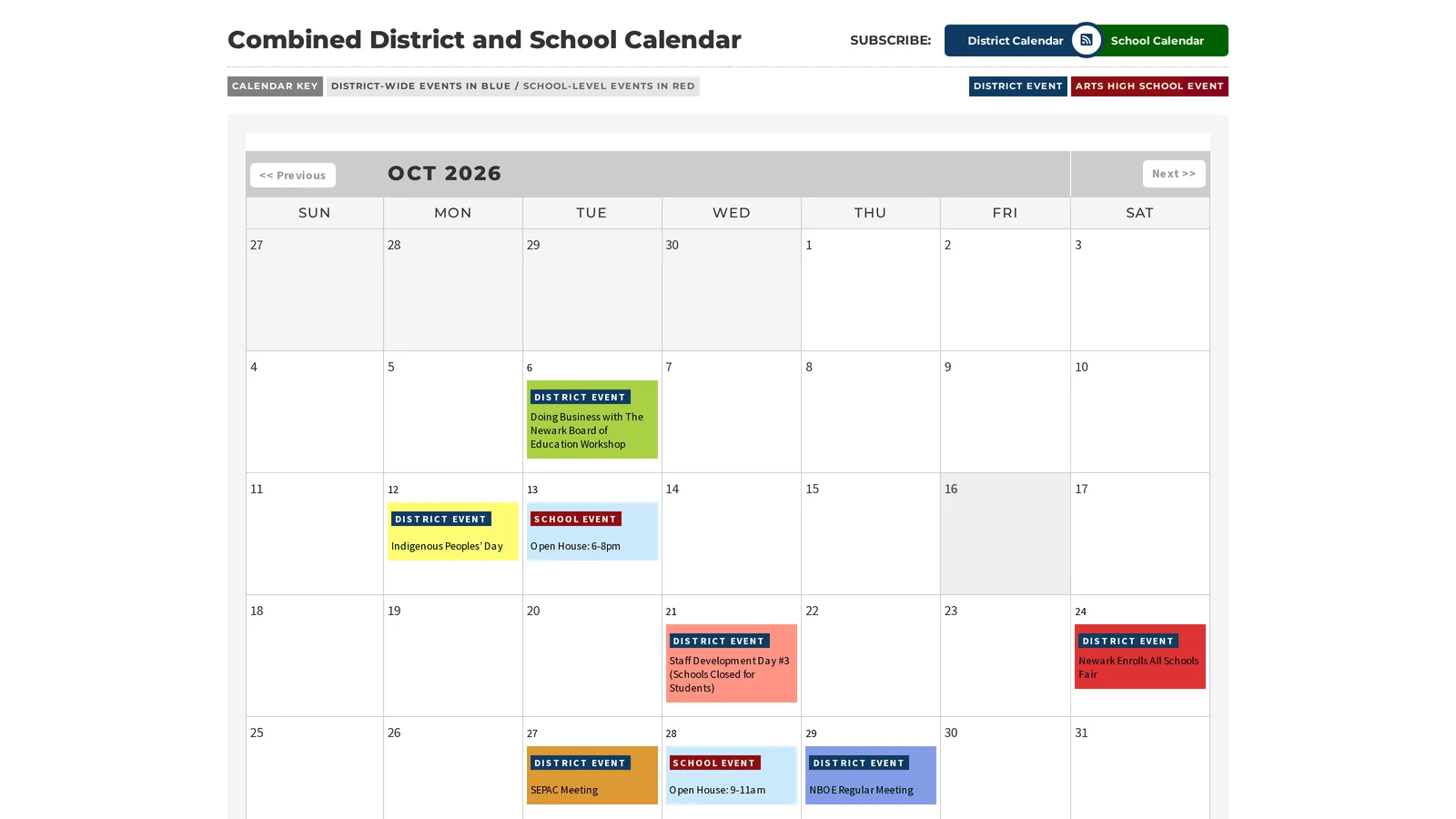 Arts High School Combined District and School Calendar month grid with District Event and School Event labels in different colors