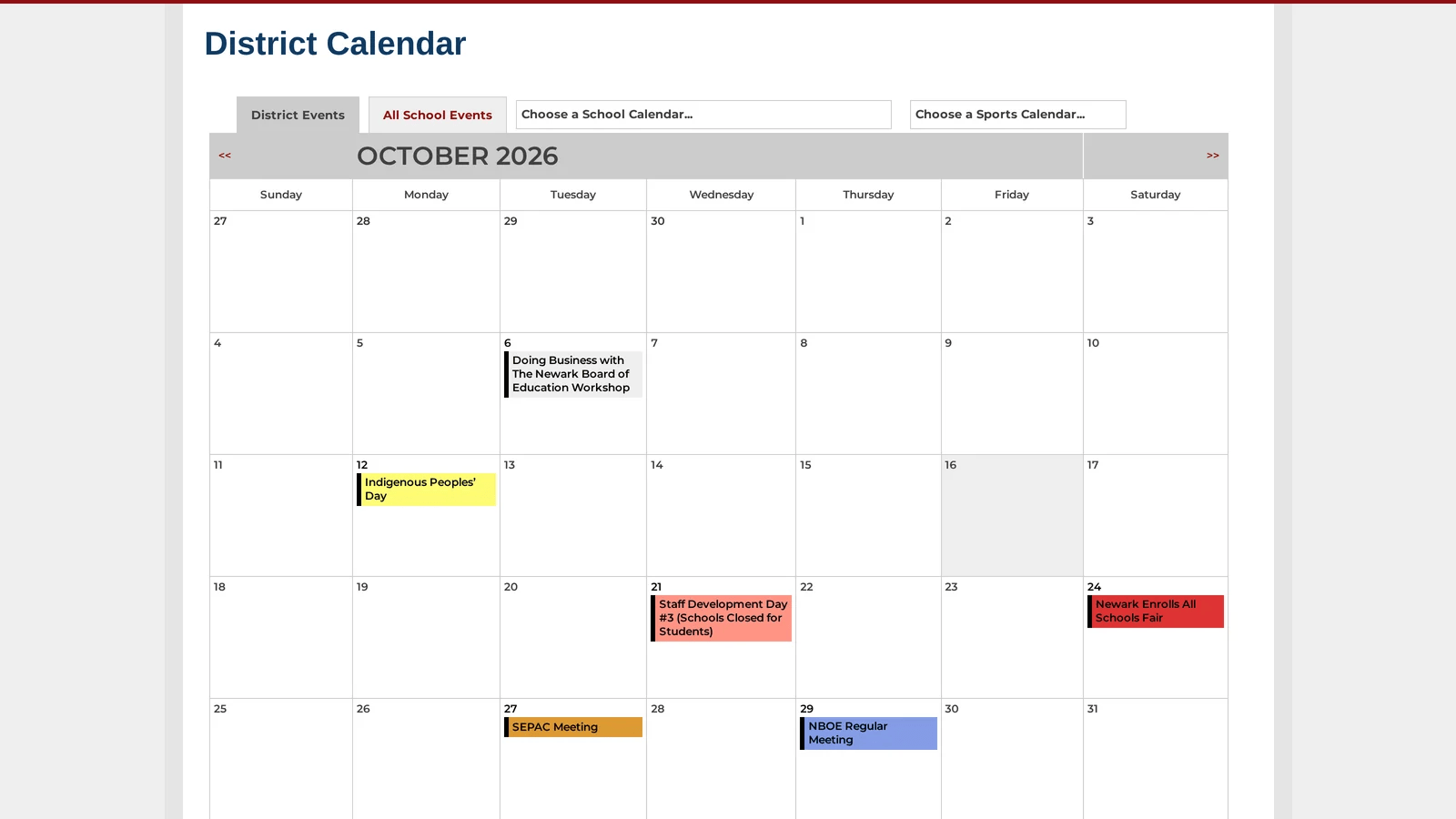 Newark Board of Education District Calendar month grid with a Choose a School Calendar selector and a Choose a Sports Calendar selector