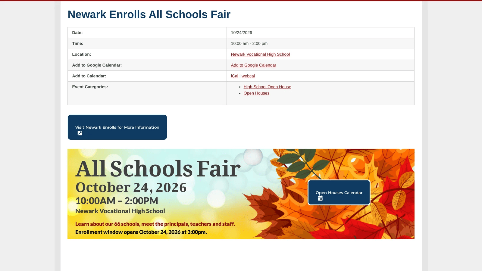 Newark Enrolls All Schools Fair event page with date, time, location, add to calendar links and a fall themed banner