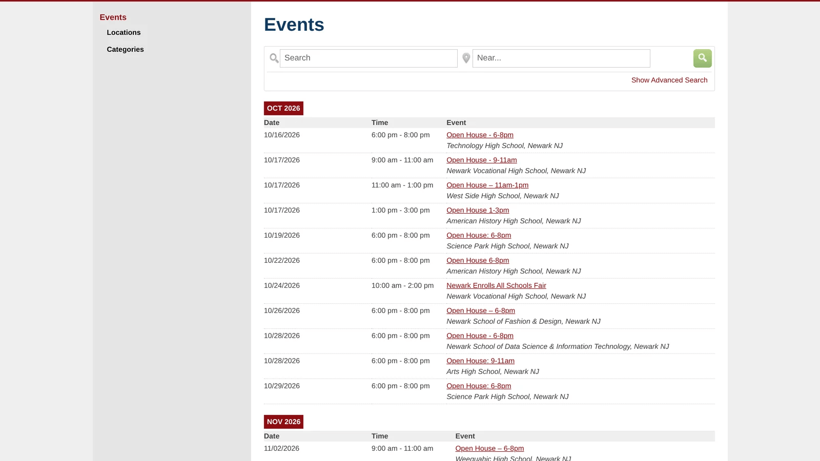 Newark Board of Education events listing filtered to the Open Houses category, showing open houses at schools across the district