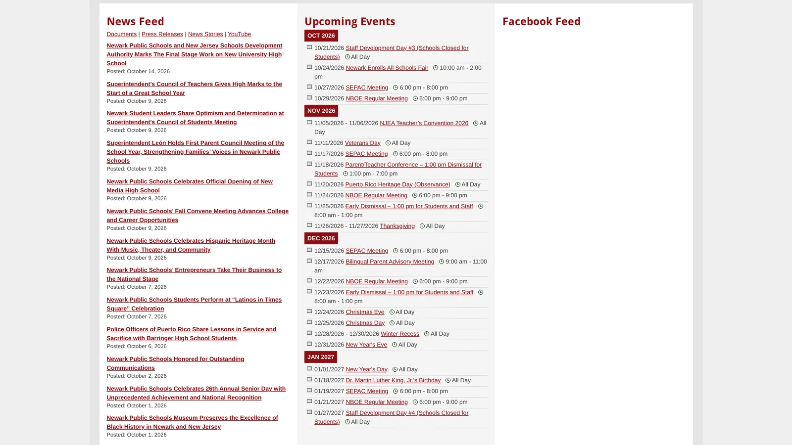 Newark Board of Education homepage News Feed beside a long Upcoming Events list grouped by month