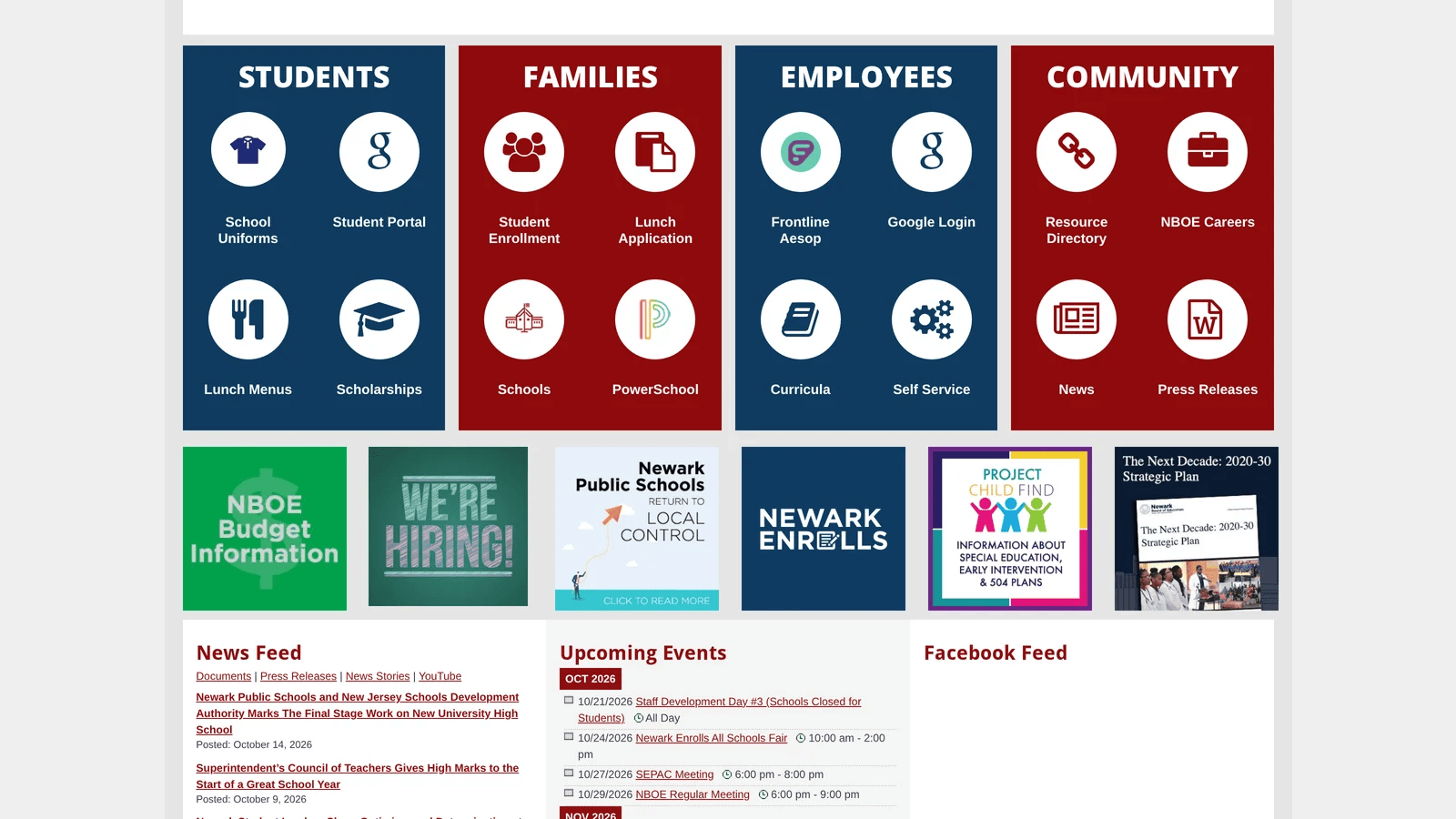 Newark Board of Education homepage tiles for Students, Families, Employees and Community, each with icon links