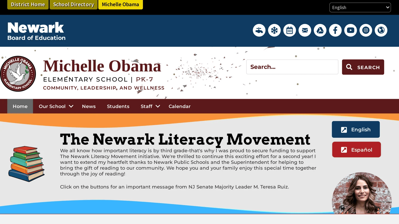 Michelle Obama Elementary School homepage in maroon featuring the Newark Literacy Movement