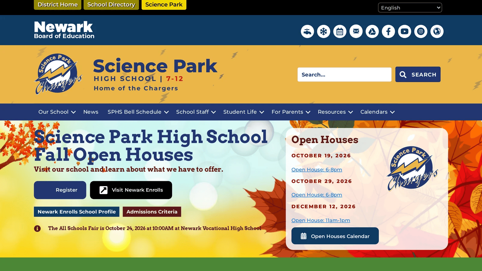 Science Park High School homepage in blue and gold with a Fall Open Houses hero