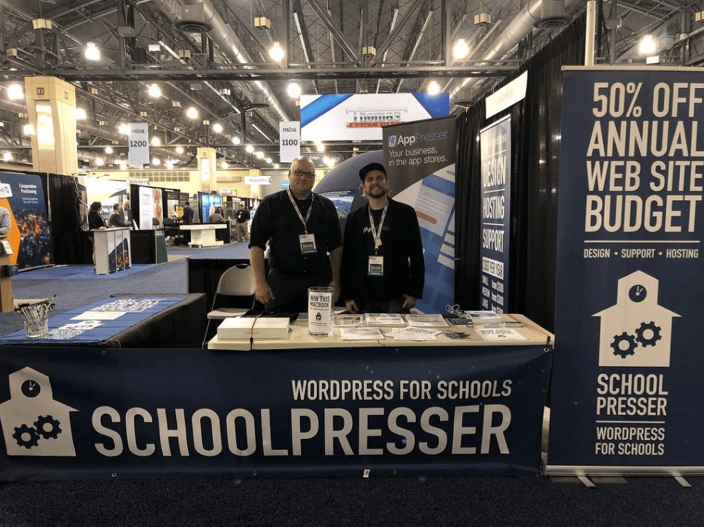The SchoolPresser WordPress for Schools booth at the NSBA 2019 conference exhibit hall