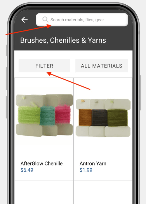 Ole Florida Fly Shop app category screen for brushes, chenilles and yarns with search and filter
