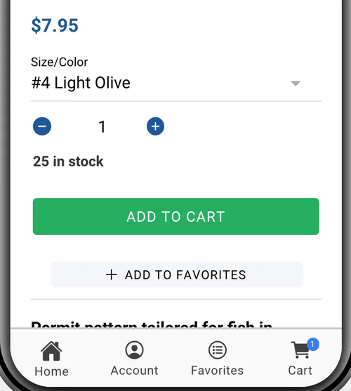 Ole Florida Fly Shop app product screen with size and color options, stock count and Add to Cart