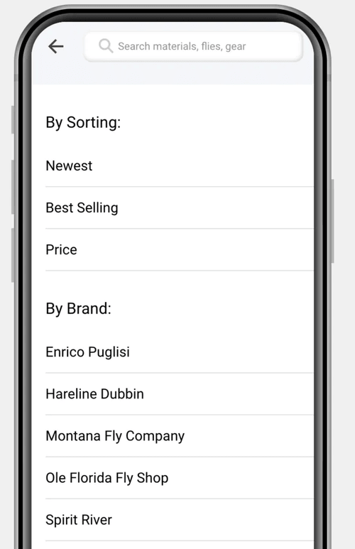 Ole Florida Fly Shop app sorting and brand filter options
