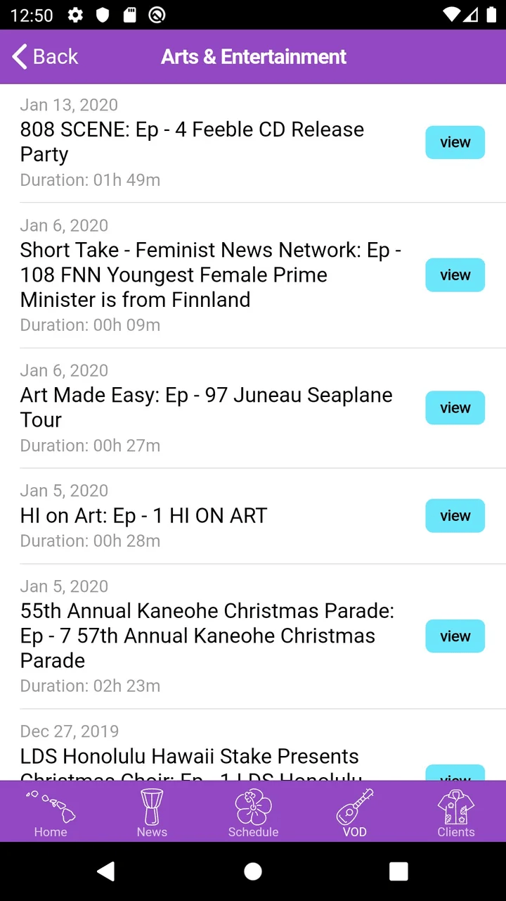 Arts and Entertainment episode list in the 'Ōlelo app on an Android phone, each episode showing its air date, running time and a View button