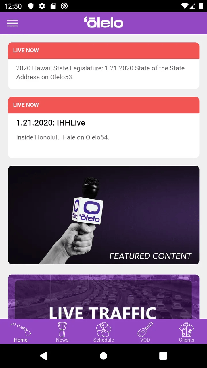 Home screen of the 'Ōlelo app on an Android phone, with red Live Now alerts above the Featured Content banner and Live Traffic button