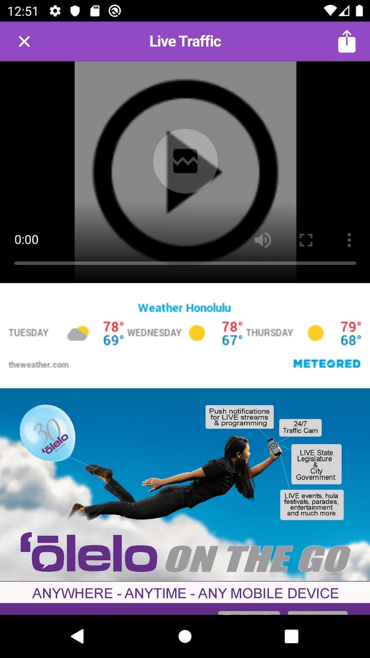 Live Traffic screen of the 'Ōlelo app on an Android phone, a Honolulu traffic camera video player above a current weather bar