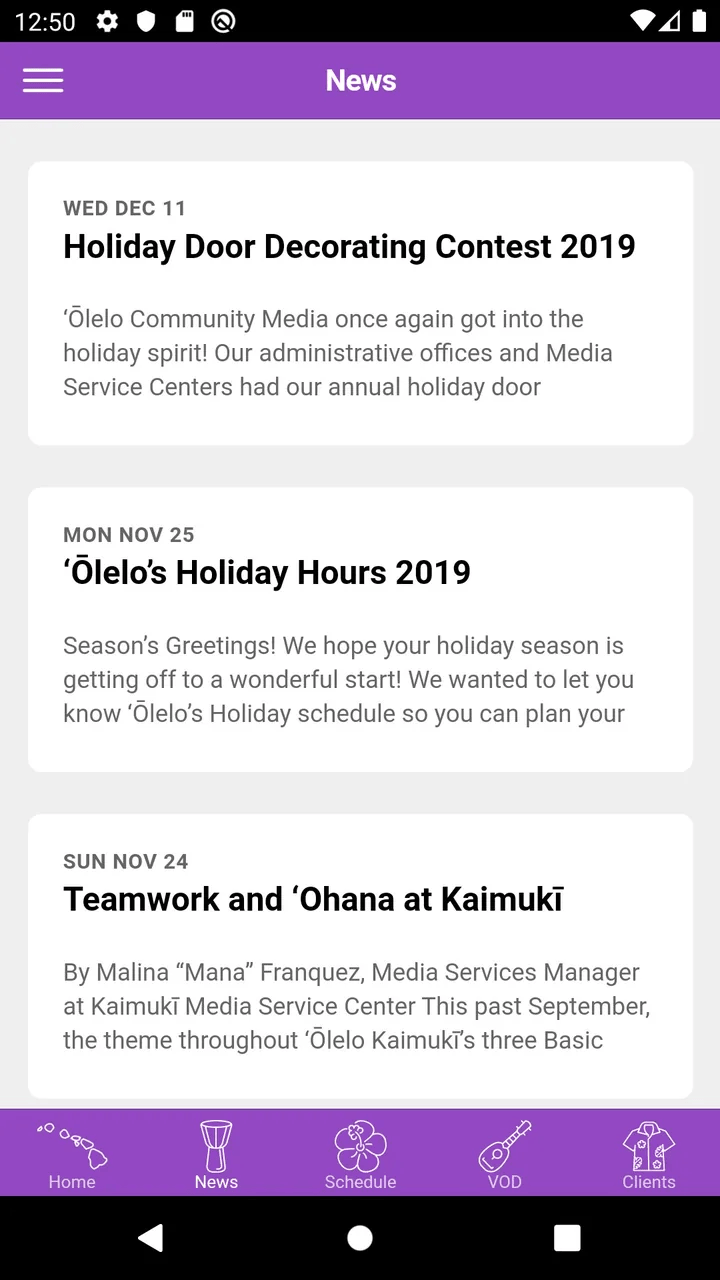 News screen of the 'Ōlelo app on an Android phone, showing dated community news posts