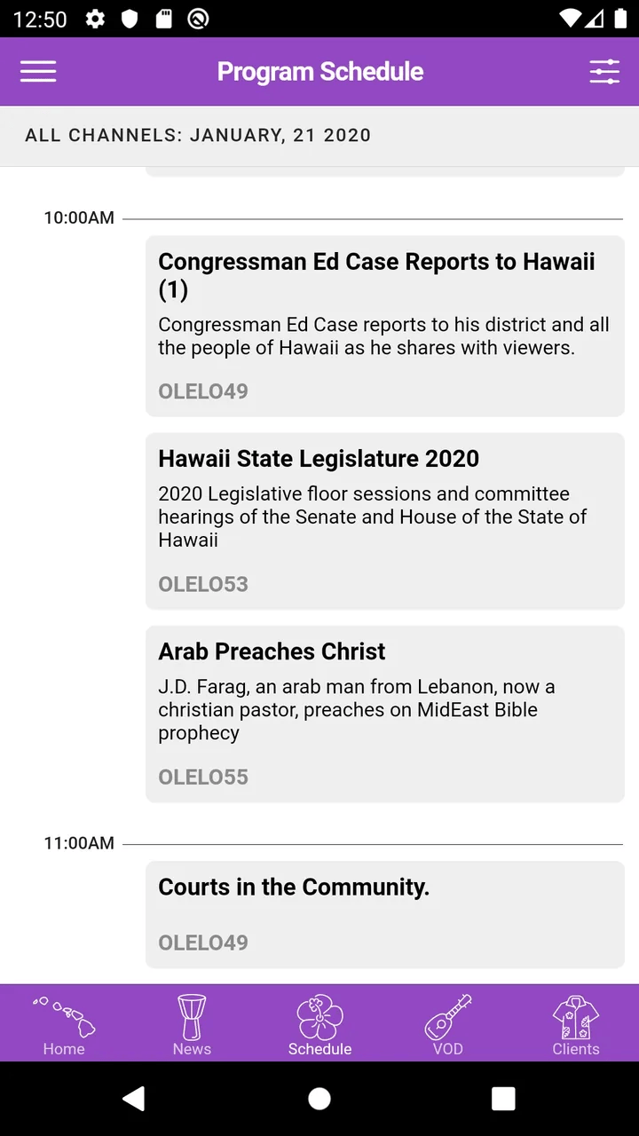 Program Schedule screen of the 'Ōlelo app on an Android phone, listing shows by start time and channel