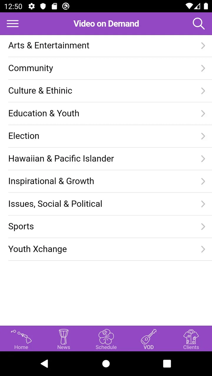 Video on Demand screen of the 'Ōlelo app on an Android phone, listing program categories down to Youth Xchange