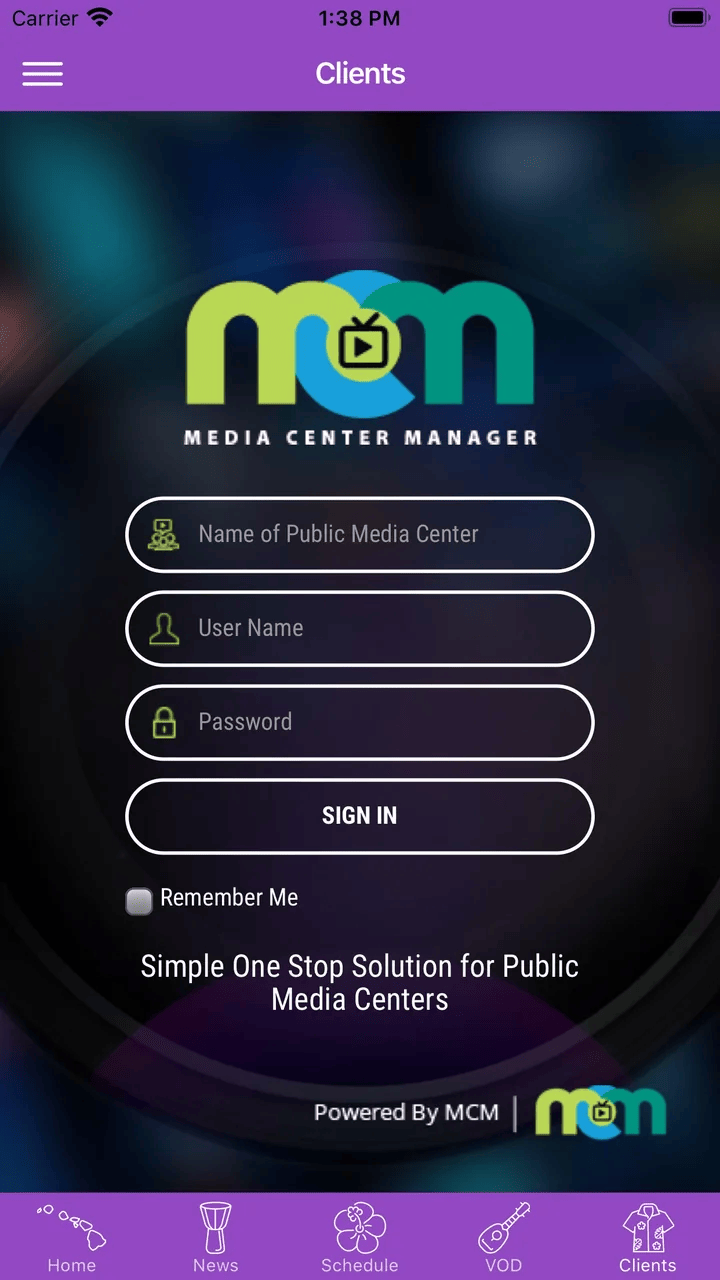 Clients screen of the 'Ōlelo app on iPhone, a Media Center Manager sign in form asking for the media center, user name and password