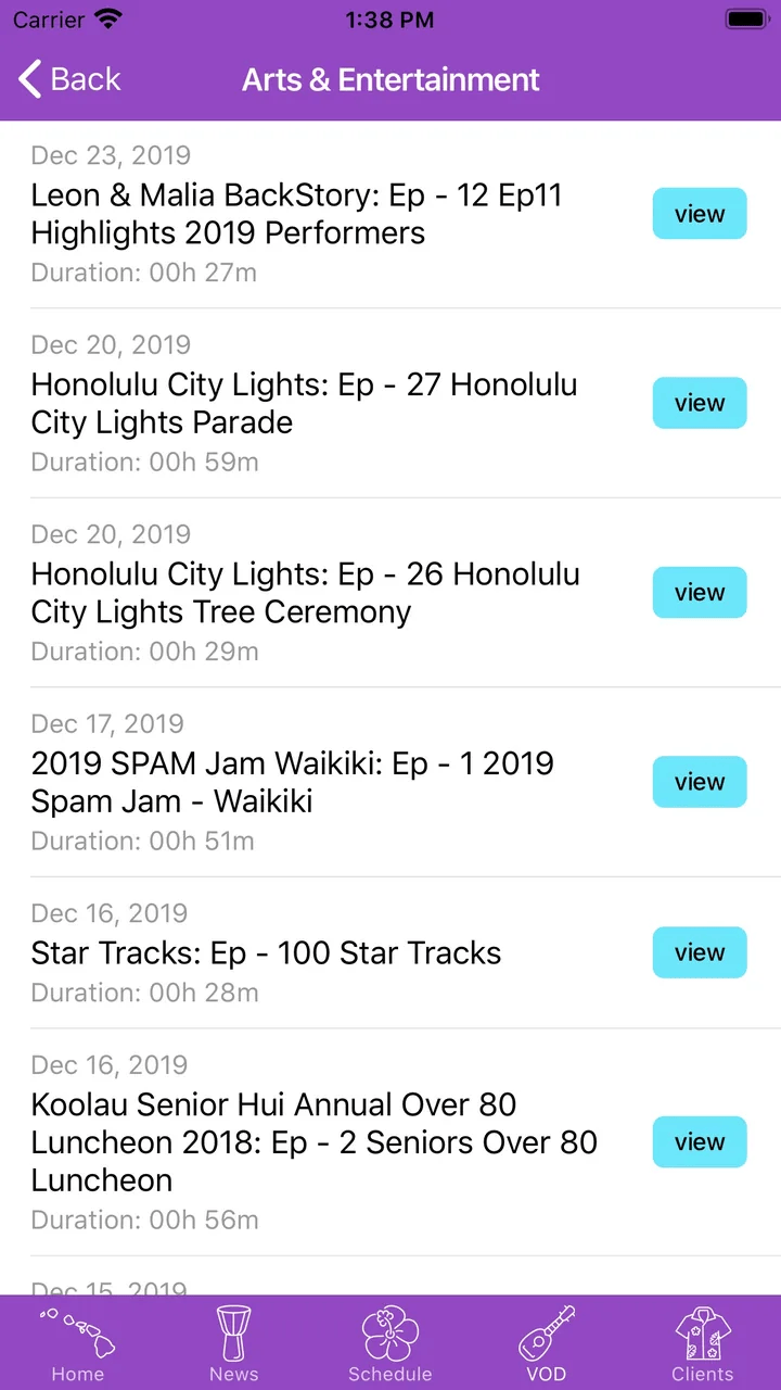 Arts and Entertainment episode list in the 'Ōlelo app on iPhone, each episode showing its air date, running time and a View button
